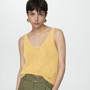 MANGO V-neck knitted top in Butter Yellow size S